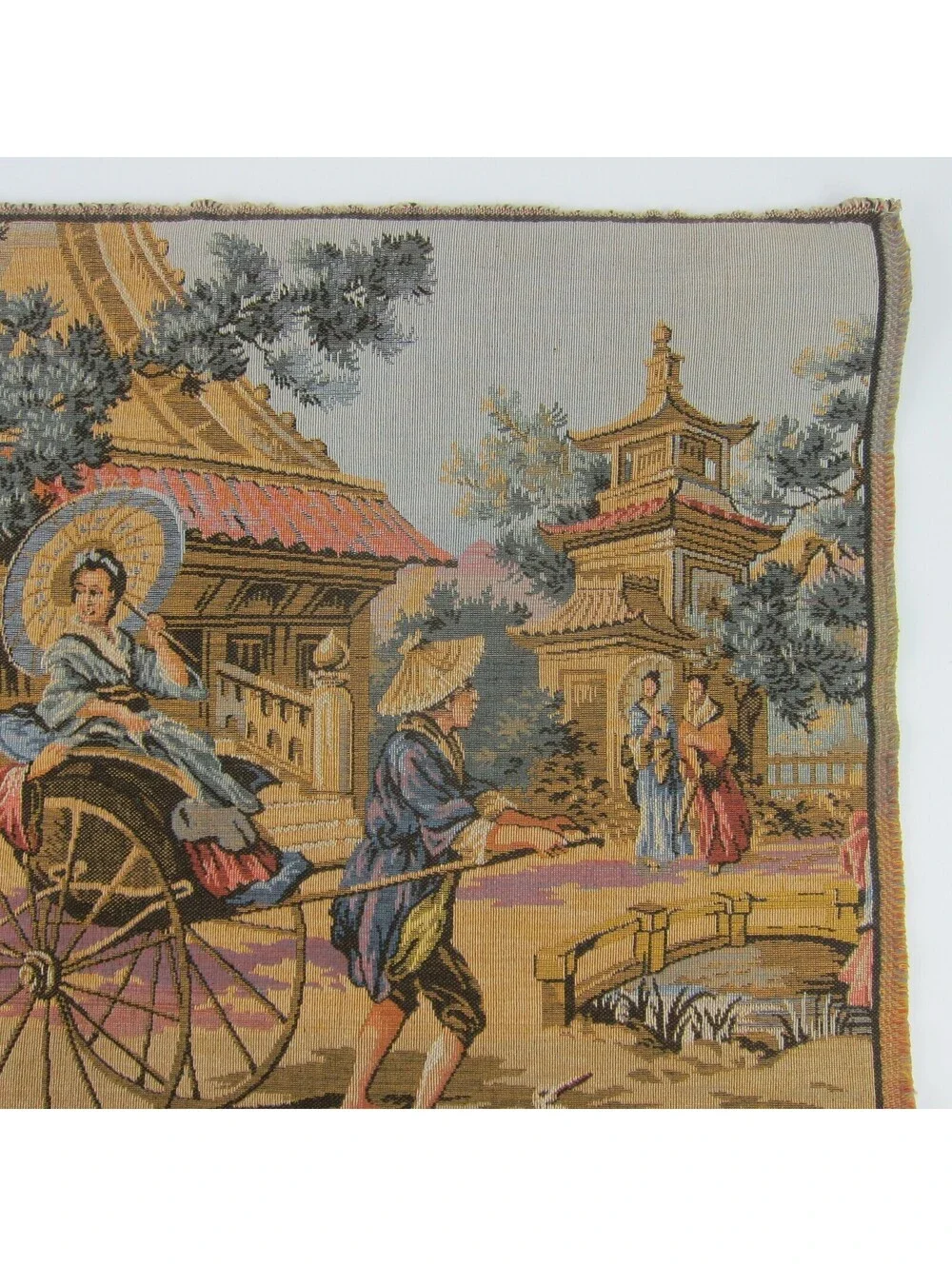 Vintage French Tapestry Japanese Geisha Parasol Cart Pagoda with Rod 25 x 19